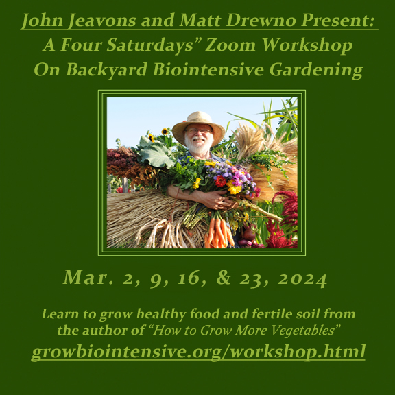Our next 4-Saturdays Workshop taught by John Jeavons and Matt Drewno will be held online Mar 2, 9, 16 & 23, 2024. Click for more information. 