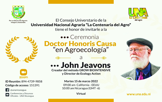 Announcement for the ceremony presenting John Jeavons with an honorary doctorate in agroecology