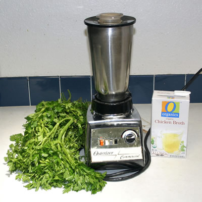 Parsley, broth, and a blender